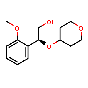 Chemical structure of (2S)-2-(2-methoxyphenyl)-2-(oxan-4-yloxy)ethan-1-ol , CAS 2131091-23-9, AChemBlock P46196