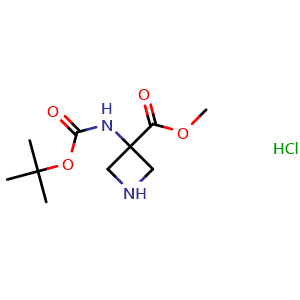 Chemical structure of methyl 3-{[(tert-butoxy)carbonyl]amino}azetidine-3-carboxylate hydrochloride , CAS 2098047-42-6, AChemBlock P46249