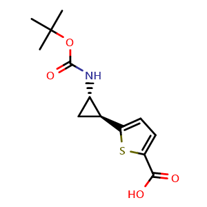 Chemical structure of 5-[trans-2-{[(tert-butoxy)carbonyl]amino}cyclopropyl]thiophene-2-carboxylic acid , CAS 2092435-93-1, AChemBlock P46295
