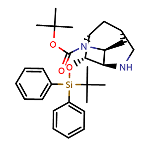 Chemical structure of tert-butyl (2R,3S,3aR,6S,7aS)-3-((tert-butyldiphenylsilyl)oxy)octahydro-1H-2,6-methanopyrrolo[3,2-b]pyridine-1-carboxylate , CAS 2088315-97-1, AChemBlock P46382