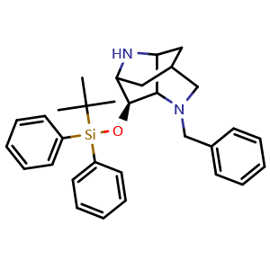 Chemical structure of (3S)-4-benzyl-3-((tert-butyldiphenylsilyl)oxy)octahydro-1H-2,6-methanopyrrolo[3,2-b]pyridine , CAS 2088315-94-8, AChemBlock P46384