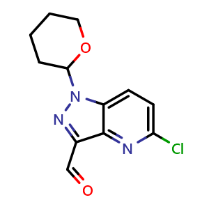 Chemical structure of 5-chloro-1-(oxan-2-yl)-1H-pyrazolo[4,3-b]pyridine-3-carbaldehyde , CAS 2072073-10-8, AChemBlock P46392