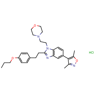 Chemical structure of 5-(3,5-dimethyl-1,2-oxazol-4-yl)-1-[2-(morpholin-4-yl)ethyl]-2-[2-(4-propoxyphenyl)ethyl]-1H-1,3-benzodiazole hydrochloride , CAS 2070014-93-4, AChemBlock P46393