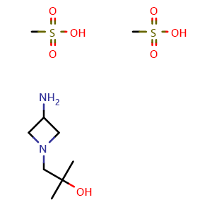 Chemical structure of 1-(3-Aminoazetidin-1-yl)-2-methylpropan-2-ol bis(methanesulfonic acid) salt , CAS 2044927-35-5, AChemBlock P46415