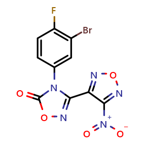 Chemical structure of 4-(3-bromo-4-fluorophenyl)-3-(4-nitro-1,2,5-oxadiazol-3-yl)-4,5-dihydro-1,2,4-oxadiazol-5-one , CAS 2019140-71-5, AChemBlock P46439