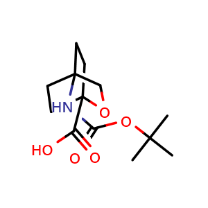 Chemical structure of 4-{[(tert-butoxy)carbonyl]amino}-2-oxabicyclo[2.2.2]octane-1-carboxylic acid , CAS 2010218-26-3, AChemBlock P46442