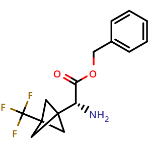 Chemical structure of benzyl (2R)-2-amino-2-[3-(trifluoromethyl)bicyclo[1.1.1]pentan-1-yl]acetate , CAS 1983347-20-1, AChemBlock P46486