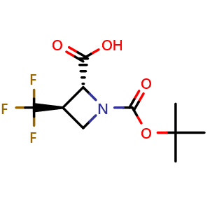 Chemical structure of trans-1-[(tert-butoxy)carbonyl]-3-(trifluoromethyl)azetidine-2-carboxylic acid , CAS 1977530-97-4, AChemBlock P46494