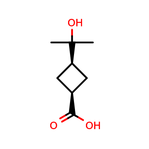 Chemical structure of cis-3-(2-hydroxypropan-2-yl)cyclobutane-1-carboxylic acid , CAS 1940136-13-9, AChemBlock P46545