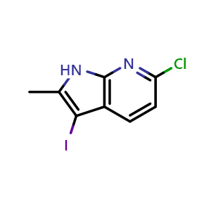 Chemical structure of 6-chloro-3-iodo-2-methyl-1H-pyrrolo[2,3-b]pyridine , CAS 1936134-68-7, AChemBlock P46566