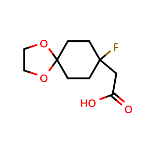 Chemical structure of 2-{8-fluoro-1,4-dioxaspiro[4.5]decan-8-yl}acetic acid , CAS 1935183-99-5, AChemBlock P46589