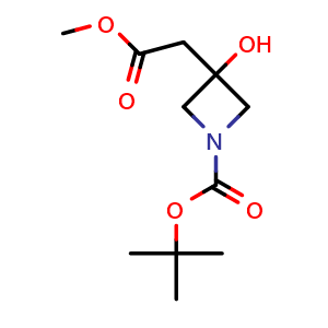 Chemical structure of tert-butyl 3-hydroxy-3-(2-methoxy-2-oxoethyl)azetidine-1-carboxylate , CAS 1926205-50-6, AChemBlock P46673