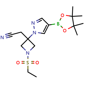 Chemical structure of 2-[1-(ethanesulfonyl)-3-[4-(4,4,5,5-tetramethyl-1,3,2-dioxaborolan-2-yl)-1H-pyrazol-1-yl]azetidin-3-yl]acetonitrile , CAS 1919837-50-5, AChemBlock P46681