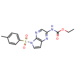 Chemical structure of ethyl N-[5-(4-methylbenzenesulfonyl)-5H-pyrrolo[2,3-b]pyrazin-2-yl]carbamate , CAS 1869118-24-0, AChemBlock P46814
