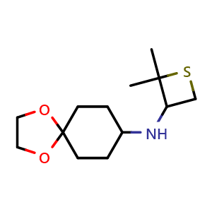 Chemical structure of N-(2,2-dimethylthietan-3-yl)-1,4-dioxaspiro[4.5]decan-8-amine , CAS 1852823-59-6, AChemBlock P46843