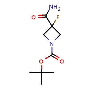Chemical structure of tert-butyl 3-carbamoyl-3-fluoroazetidine-1-carboxylate , CAS 1831097-65-4, AChemBlock P46865