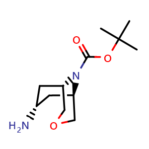 Chemical structure of tert-butyl exo-7-amino-3-oxa-9-azabicyclo[3.3.1]nonane-9-carboxylate , CAS 1820966-00-4, AChemBlock P46956