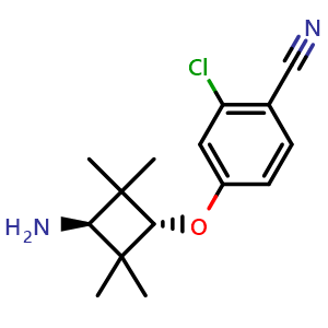 Chemical structure of 2-chloro-4-[trans-3-amino-2,2,4,4-tetramethylcyclobutoxy]benzonitrile , CAS 1818885-54-9, AChemBlock P46972