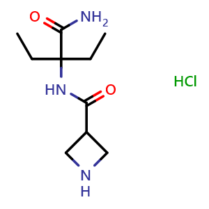 Chemical structure of 2-[(azetidin-3-yl)formamido]-2-ethylbutanamide hydrochloride , CAS 1803588-82-0, AChemBlock P47060