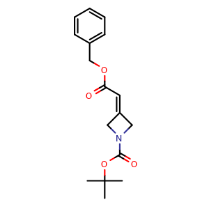 Chemical structure of tert-butyl 3-[2-(benzyloxy)-2-oxoethylidene]azetidine-1-carboxylate , CAS 1803588-48-8, AChemBlock P47062