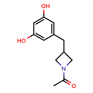 Chemical structure of 1-{3-[(3,5-dihydroxyphenyl)methyl]azetidin-1-yl}ethan-1-one , CAS 1801243-46-8, AChemBlock P47091