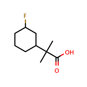Chemical structure of 2-(3-fluorocyclohexyl)-2-methylpropanoic acid , CAS 1785043-85-7, AChemBlock P47130