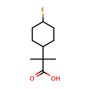 Chemical structure of 2-(4-fluorocyclohexyl)-2-methylpropanoic acid , CAS 1785043-75-5, AChemBlock P47131
