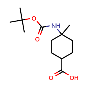 Chemical structure of 4-((tert-butoxycarbonyl)amino)-4-methylcyclohexane-1-carboxylic acid , CAS 1784301-57-0, AChemBlock P47147