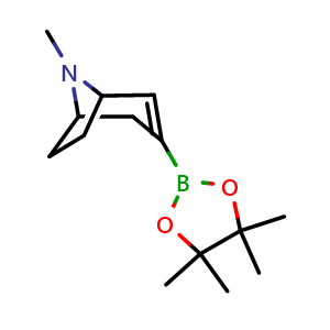 Chemical structure of 8-methyl-3-(tetramethyl-1,3,2-dioxaborolan-2-yl)-8-azabicyclo[3.2.1]oct-2-ene , CAS 1779539-89-7, AChemBlock P47258
