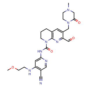 Chemical structure of N-{5-cyano-4-[(2-methoxyethyl)amino]pyridin-2-yl}-7-formyl-6-[(4-methyl-2-oxopiperazin-1-yl)methyl]-1,2,3,4-tetrahydro-1,8-naphthyridine-1-carboxamide , CAS 1708971-55-4, AChemBlock P47309