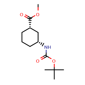 Chemical structure of methyl (1S,3R)-3-((tert-butoxycarbonyl)amino)cyclohexane-1-carboxylate , CAS 1702381-37-0, AChemBlock P47339