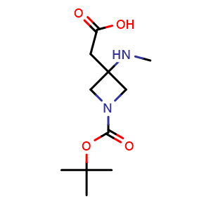 Chemical structure of 2-{1-[(tert-butoxy)carbonyl]-3-(methylamino)azetidin-3-yl}acetic acid , CAS 1700502-86-8, AChemBlock P47343