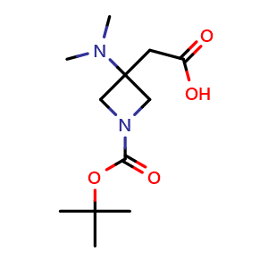 Chemical structure of 2-{1-[(tert-butoxy)carbonyl]-3-(dimethylamino)azetidin-3-yl}acetic acid , CAS 1697298-57-9, AChemBlock P47351