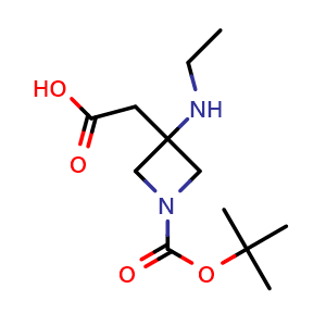 Chemical structure of 2-{1-[(tert-butoxy)carbonyl]-3-(ethylamino)azetidin-3-yl}acetic acid , CAS 1697047-80-5, AChemBlock P47352