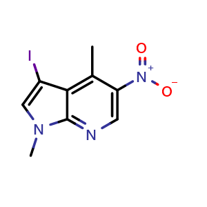 Chemical structure of 3-iodo-1,4-dimethyl-5-nitro-1H-pyrrolo[2,3-b]pyridine , CAS 1648705-68-3, AChemBlock P47417