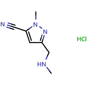 Chemical structure of 2-methyl-5-(methylaminomethyl)pyrazole-3-carbonitrile hydrochloride , CAS 1643141-20-1, AChemBlock P47425