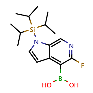 Chemical structure of {5-fluoro-1-[tris(propan-2-yl)silyl]-1H-pyrrolo[2,3-c]pyridin-4-yl}boronic acid , CAS 1639977-64-2, AChemBlock P47430