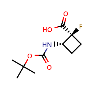 Chemical structure of (1S,2S)-2-{[(tert-butoxy)carbonyl]amino}-1-fluorocyclobutane-1-carboxylic acid , CAS 1639454-85-5, AChemBlock P47432