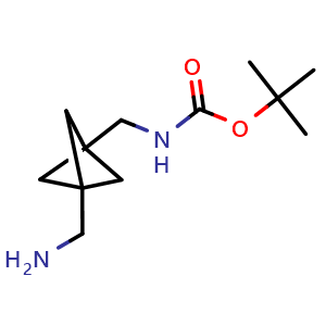 Chemical structure of tert-butyl N-{[3-(aminomethyl)bicyclo[1.1.1]pentan-1-yl]methyl}carbamate , CAS 1638768-06-5, AChemBlock P47515