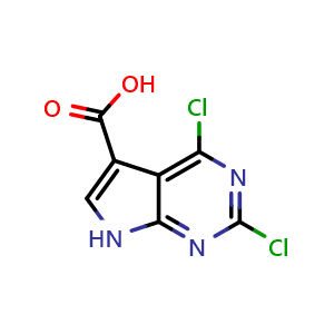 Chemical structure of 2,4-dichloro-7H-pyrrolo[2,3-d]pyrimidine-5-carboxylic acid , CAS 1638768-02-1, AChemBlock P47516
