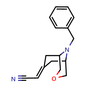 Chemical structure of 2-{9-benzyl-3-oxa-9-azabicyclo[3.3.1]nonan-7-ylidene}acetonitrile , CAS 1638767-09-5, AChemBlock P47551
