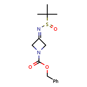 Chemical structure of benzyl 3-[(2-methylpropane-2-sulfinyl)imino]azetidine-1-carboxylate , CAS 1638764-74-5, AChemBlock P47573