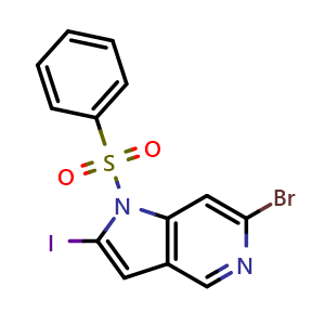 Chemical structure of 1-(benzenesulfonyl)-6-bromo-2-iodo-1H-pyrrolo[3,2-c]pyridine , CAS 1638764-69-8, AChemBlock P47577