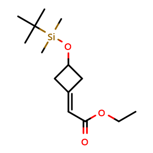Chemical structure of ethyl 2-{3-[(tert-butyldimethylsilyl)oxy]cyclobutylidene}acetate , CAS 1638764-67-6, AChemBlock P47578