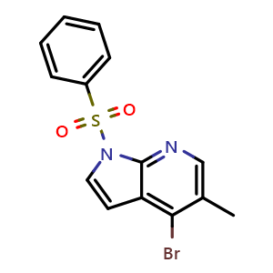 Chemical structure of 1-(benzenesulfonyl)-4-bromo-5-methyl-1H-pyrrolo[2,3-b]pyridine , CAS 1638763-47-9, AChemBlock P47614