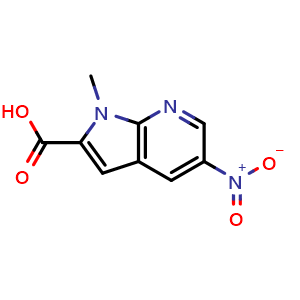 Chemical structure of 1-methyl-5-nitro-1H-pyrrolo[2,3-b]pyridine-2-carboxylic acid , CAS 1638761-22-4, AChemBlock P47635