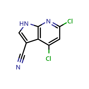 Chemical structure of 4,6-dichloro-1H-pyrrolo[2,3-b]pyridine-3-carbonitrile , CAS 1632368-33-2, AChemBlock P47715