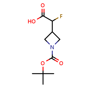Chemical structure of 2-{1-[(tert-butoxy)carbonyl]azetidin-3-yl}-2-fluoroacetic acid , CAS 1596752-15-6, AChemBlock P47816