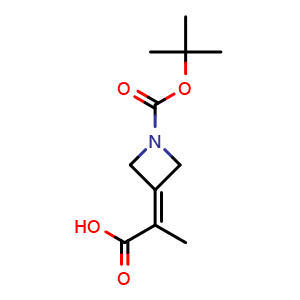 Chemical structure of 2-{1-[(tert-butoxy)carbonyl]azetidin-3-ylidene}propanoic acid , CAS 1593231-60-7, AChemBlock P47826