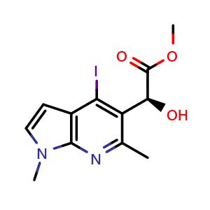 Chemical structure of methyl (2S)-2-hydroxy-2-{4-iodo-1,6-dimethyl-1H-pyrrolo[2,3-b]pyridin-5-yl}acetate , CAS 1537883-84-3, AChemBlock P47920
